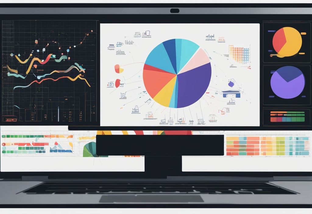 Moderne digitale Malerei mit schwarzem Farbthema, Laptopbildschirm zeigt QuickFile Software-Schnittstelle mit bunten Diagrammen und Grafiken zur Datenorganisation und -verwaltung.