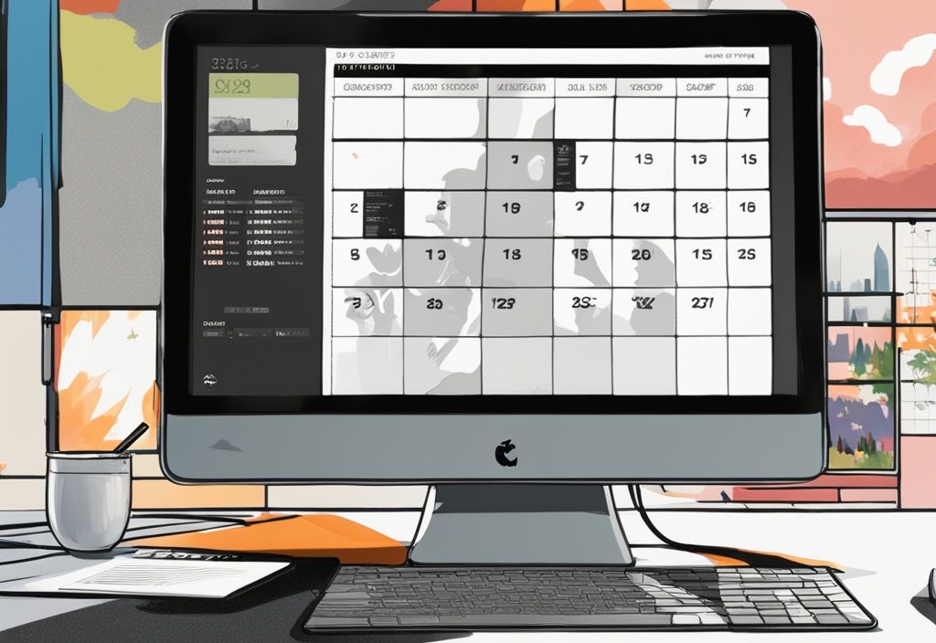 Digitale Illustration mit schwarzem Farbschema: Computermonitor zeigt Kalender mit hervorgehobenem Datum und Windows 13 Logo, das auf Veröffentlichungsdatum hinweist; wann kommt Windows 13.