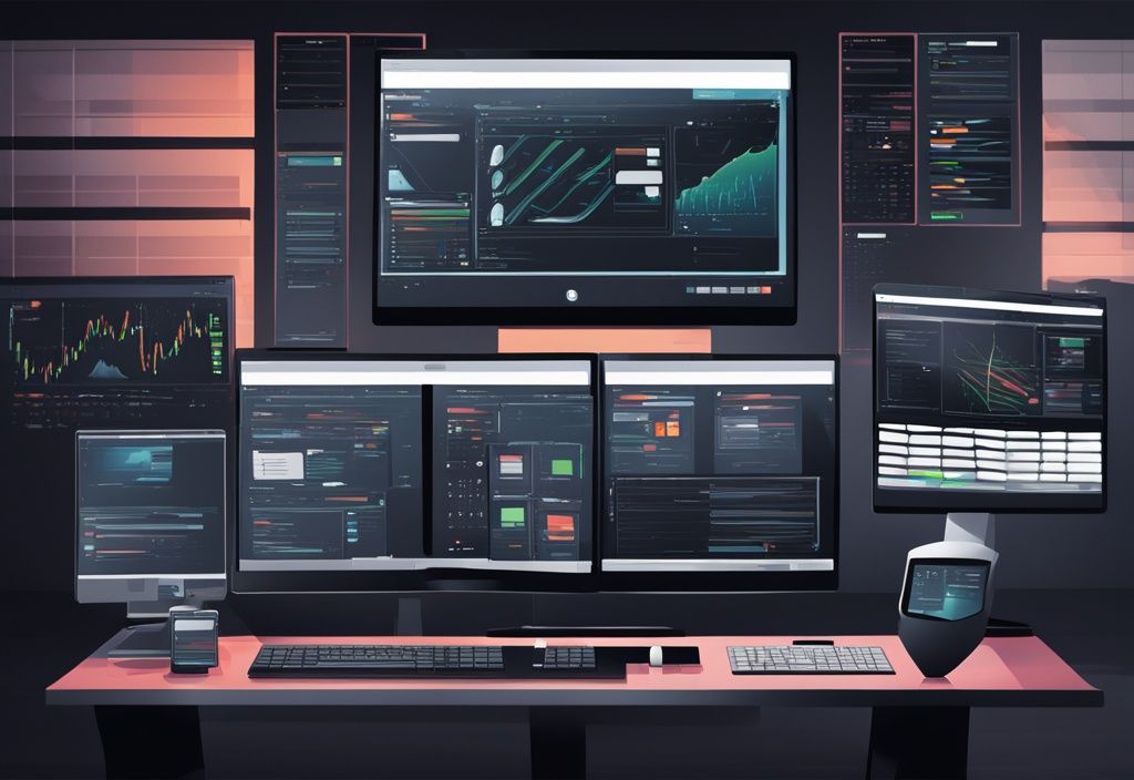 Modernes digitales Gemälde einer Computer-Setup mit mehreren Bildschirmen, die verschiedene Aspekte der besten Trading Software in Aktion zeigen, Hauptfarbthema schwarz.