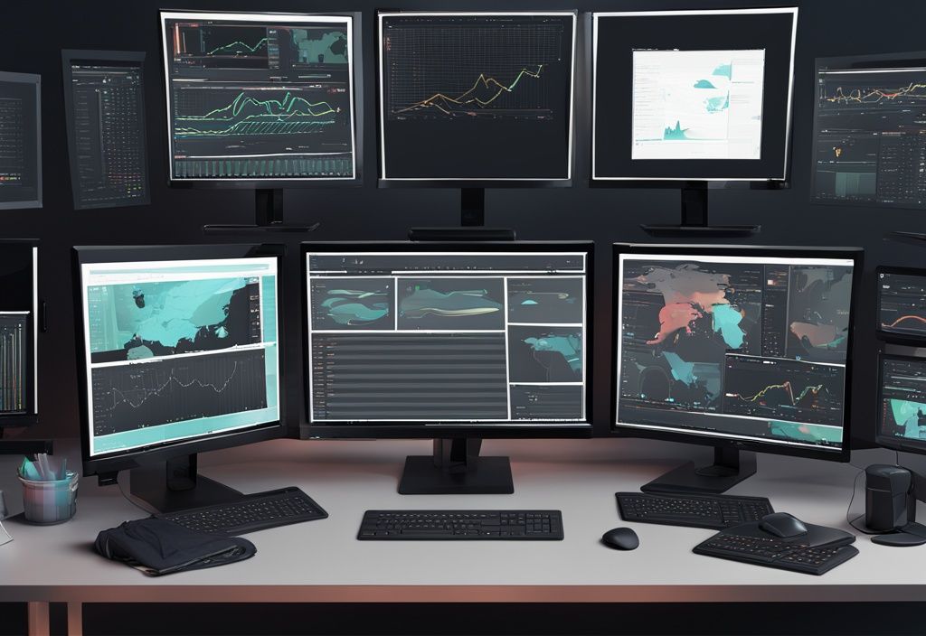 Moderne digitale Malerei mit schwarzem Farbschema zeigt ein elegantes Computer-Setup mit mehreren Bildschirmen, die verschiedene Aspekte der besten Trading Software in Aktion präsentieren.