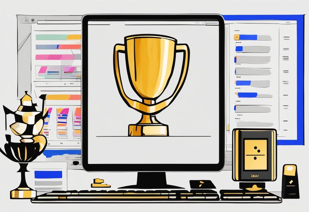 Moderne digitale Malerei mit schwarzem Farbschema, zeigt einen Computerbildschirm mit Vergleichstabelle der besten Backup-Software, goldene Trophäe neben dem besten bewertet.