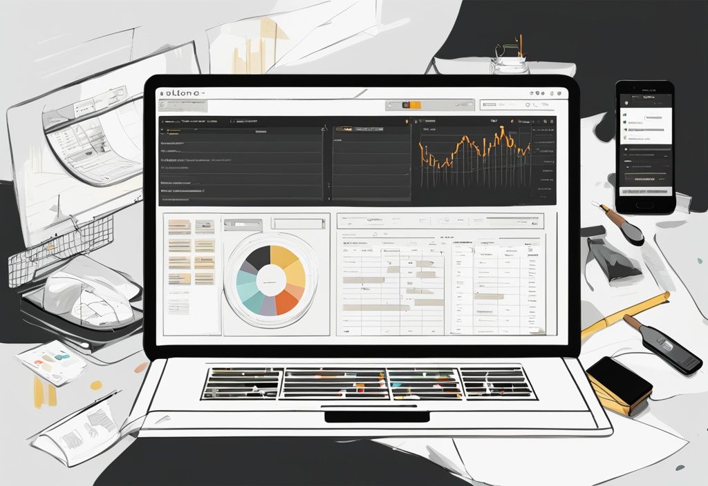 Moderne digitale Malerei mit schwarzem Farbschema, zeigt benutzerfreundliche Oberfläche der Nutcache-Software mit verschiedenen Projektmanagement-Tools.