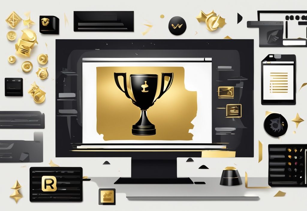 Moderne digitale Malerei mit schwarzem Farbschema, auf einem Computerbildschirm werden verschiedene CAD-Software-Icons angezeigt, wobei ein goldener Pokal über dem zentralen Icon schwebt, das als beste CAD Software ausgezeichnet wird.