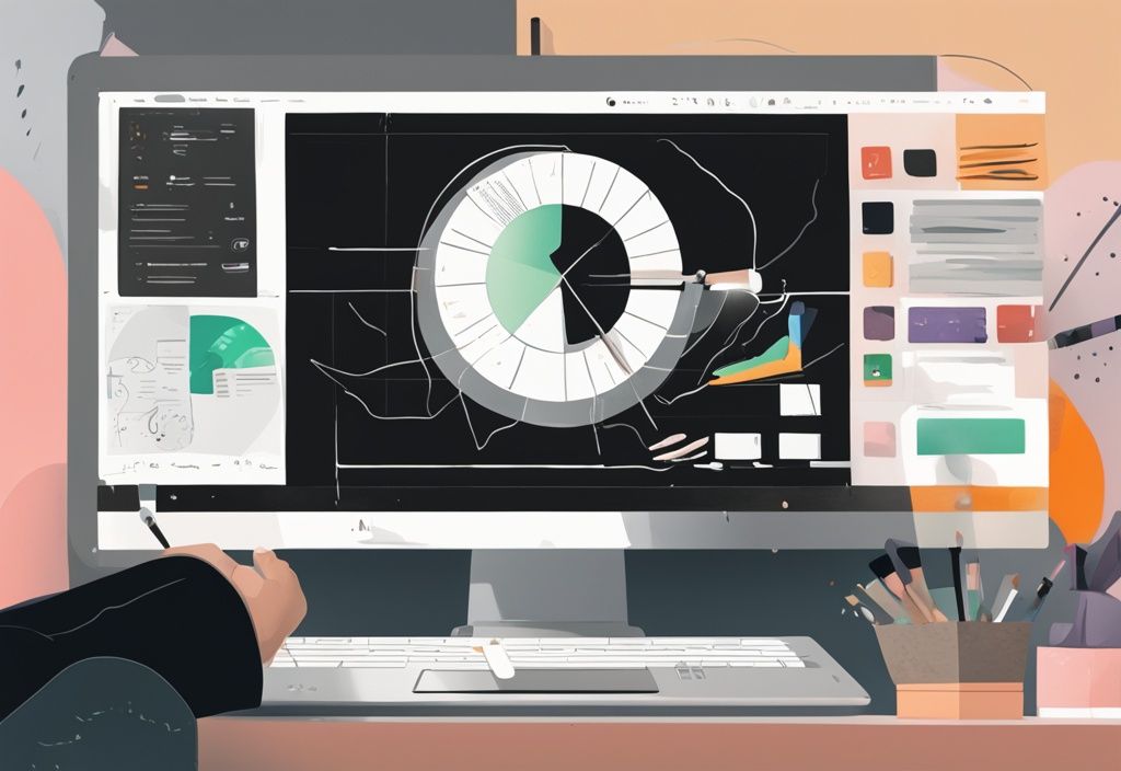 Moderne digitale Malerei mit einem schwarzen Farbschema, Laptopbildschirm zeigt die ZipBooks Software-Oberfläche, Benutzer führt einen ZipBooks Software Test durch.