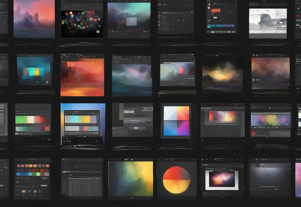 Moderne digitale Malerei-Illustration mit schwarzem Farbthema, zeigt eine Collage von Benutzeroberflächen verschiedener Top-Videobearbeitungssoftware, mit Fokus auf die beste Software Videobearbeitung.