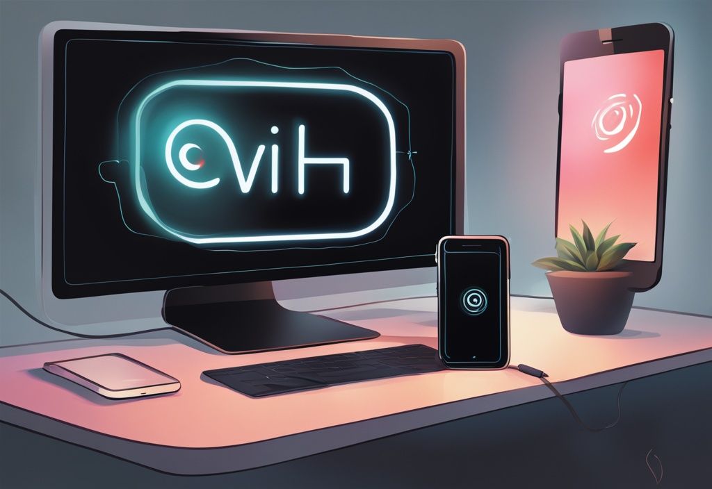 Moderne digitale Illustration mit schwarzem Farbschema: Ein iPhone zeigt die Hotspot-Einstellungen, während im Hintergrund ein PC mit einem verbundenen WLAN-Symbol zu sehen ist, was auf eine erfolgreiche Verbindung hinweist, iPhone als Hotspot für PC.