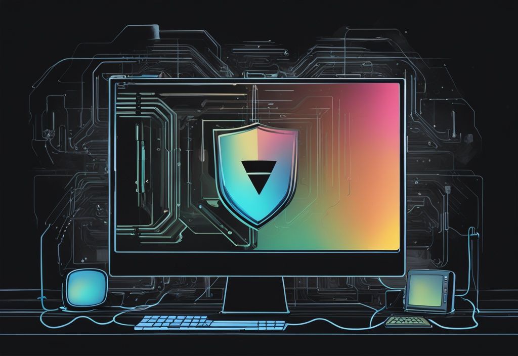 Moderne digitale Malerei mit schwarzem Farbschema, zeigt einen digitalen Schild über einem Computersystem, symbolisiert Systemhärtung.