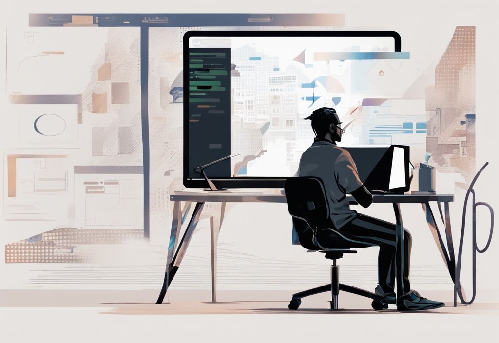 Digitale Illustration eines modernen Gemäldes: Person sitzt am Computer und untersucht konzentriert die Benutzeroberfläche des OneUp Softwaretests, Hauptfarbthema Schwarz.