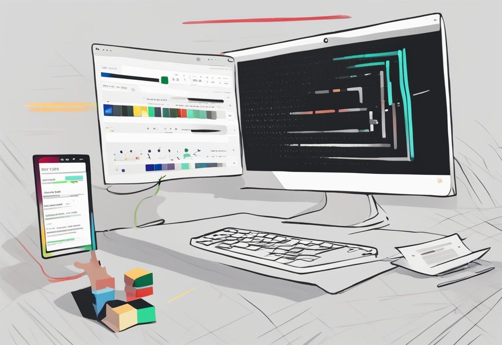 Nahaufnahme eines Computerbildschirms mit der OneUp Software-Oberfläche, die erfolgreiche Testergebnisse mit Häkchen anzeigt, moderner digitaler Malerei-Stil, Hauptfarbe Schwarz, OneUp Software Test.