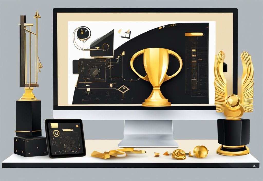 Moderne digitale Malerei mit schwarzem Farbschema, CAD-Software-Icons auf einem Computerbildschirm und eine goldene Trophäe daneben als Symbol für die beste Wahl.