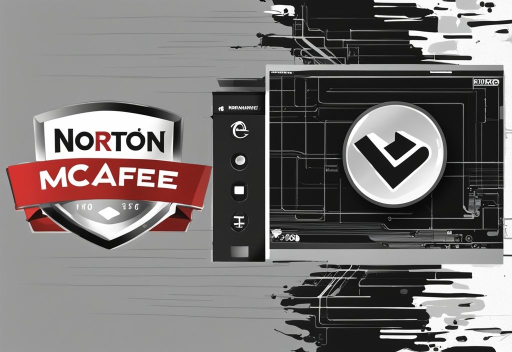 Vergleich der Norton- und McAfee-Logos auf stilisierten Bildschirmen, modernes digitales Gemälde, Hauptfarbe Schwarz.