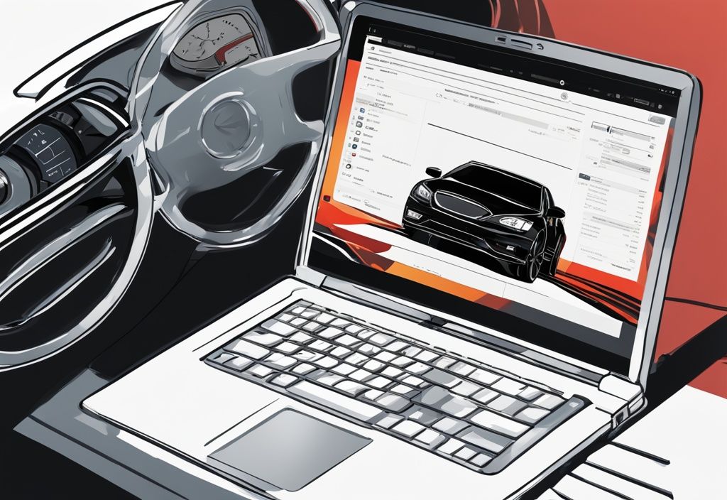 Moderne digitale Malerei mit schwarzem Farbschema: Laptop mit Auto-Diagnose-Software neben einem Automotor.