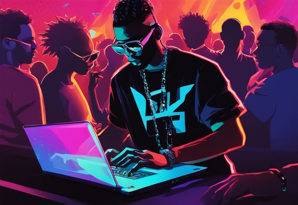 Moderner digitaler Gemälde-Illustration eines DJs in einem energiegeladenen Club, der die beste DJ Software auf einem Laptop bedient, umgeben von tanzenden Menschen.