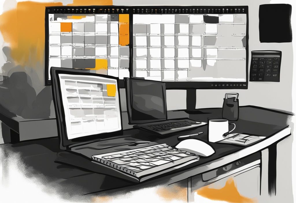 Moderne digitale Illustration mit schwarzem Farbschema, Kalender markiert das Windows Server 2008 R2 Support Ende, verblasstes Softwarebild im Hintergrund.