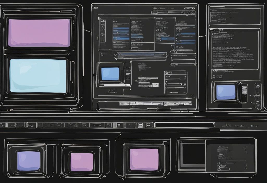 Moderne digitale Malerei mit schwarzem Farbschema, zeigt einen Computerbildschirm mit dem "Über"-Abschnitt der Windows-Einstellungen, der die Betriebssystemversion anzeigt, ideal für die Frage "welche Windows Version habe ich".