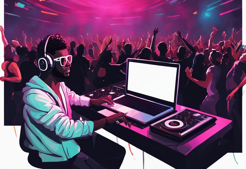 Moderner digitaler Gemäldeillustration eines DJs in einem energiegeladenen Club, der die beste DJ Software auf einem Laptop bedient, umgeben von tanzenden Menschen.