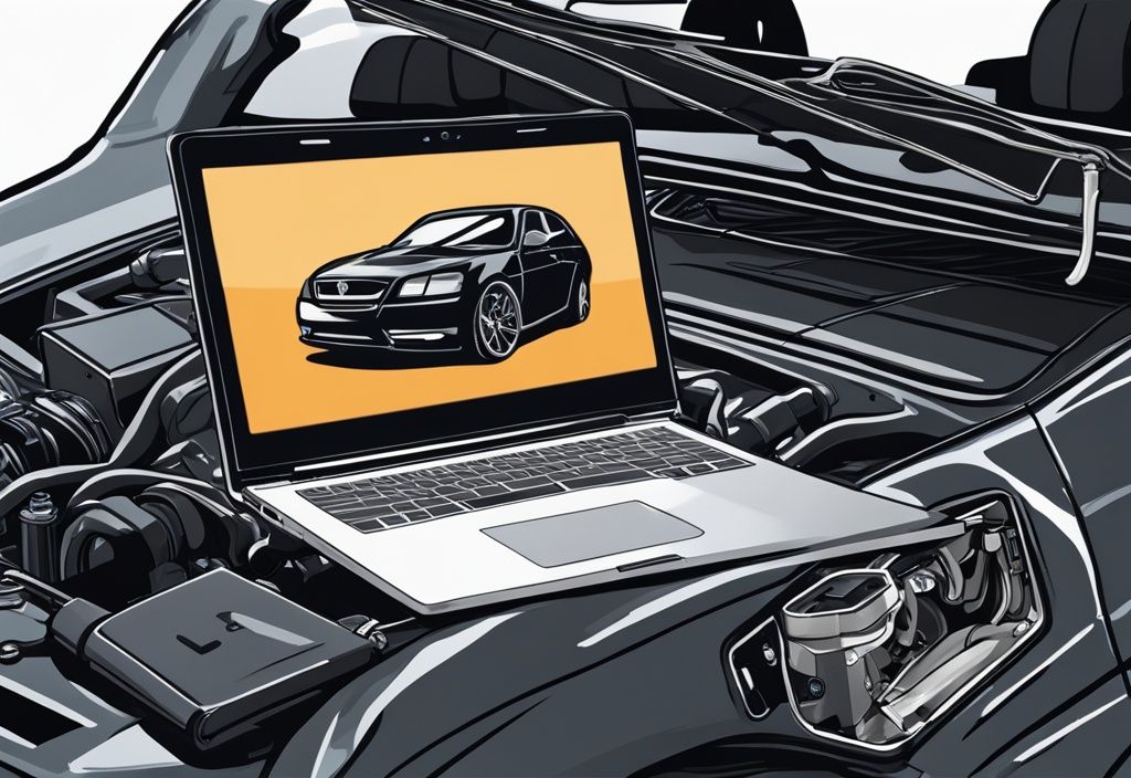 Moderne digitale Malerei mit schwarzem Farbschema: Laptop mit Kfz-Diagnosesoftware neben einem Auto-Motor.