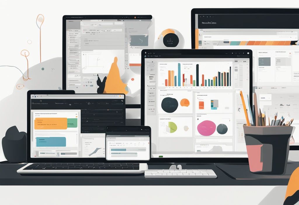 Digitale Illustration eines modernen Interfaces von Nutcache Software mit Projektmanagement-Tools, Hauptfarbe Schwarz.