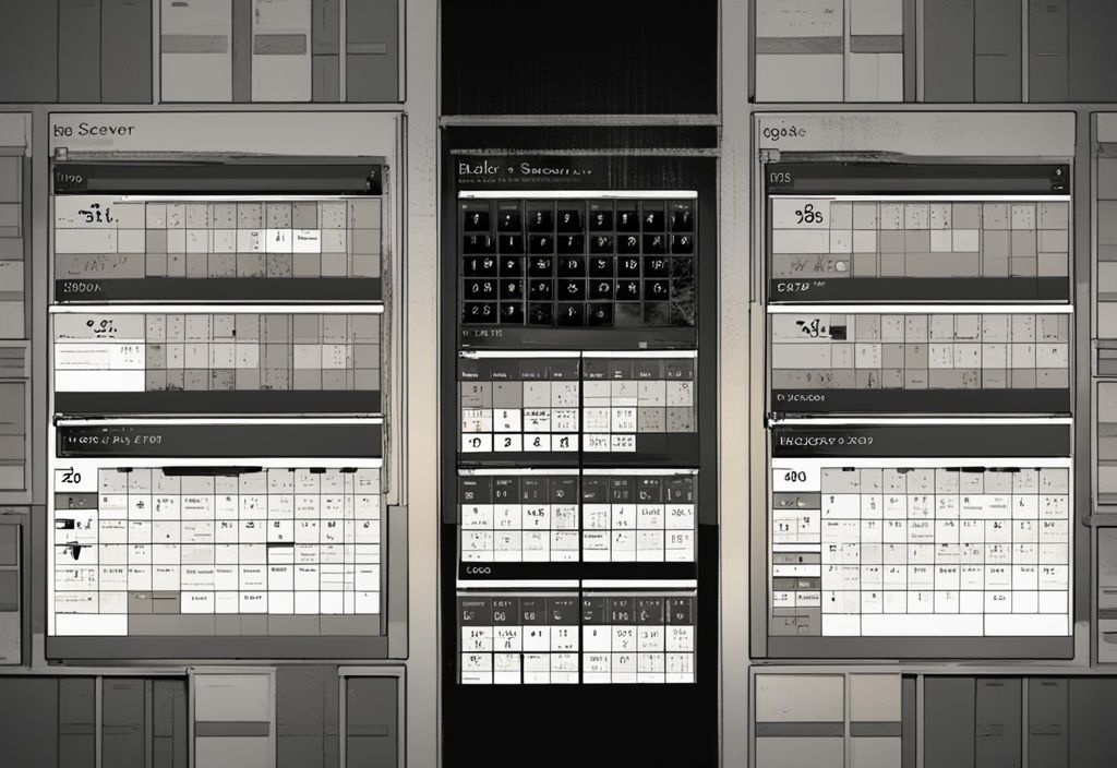 Digitale Illustration: Kalender markiert das Support-Ende von Windows Server 2008 R2, mit verblasstem Windows Server 2008 R2 Logo im Hintergrund, Hauptfarbthema Schwarz.