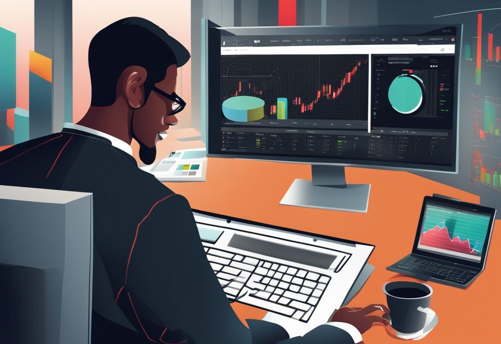 Moderner digitaler Gemälde-Illustration eines zufriedenen Traders, der eine elegante Handelssoftware mit erfolgreichen Diagrammen und Grafiken auf seinem Computer verwendet, Hauptfarbthema Schwarz.