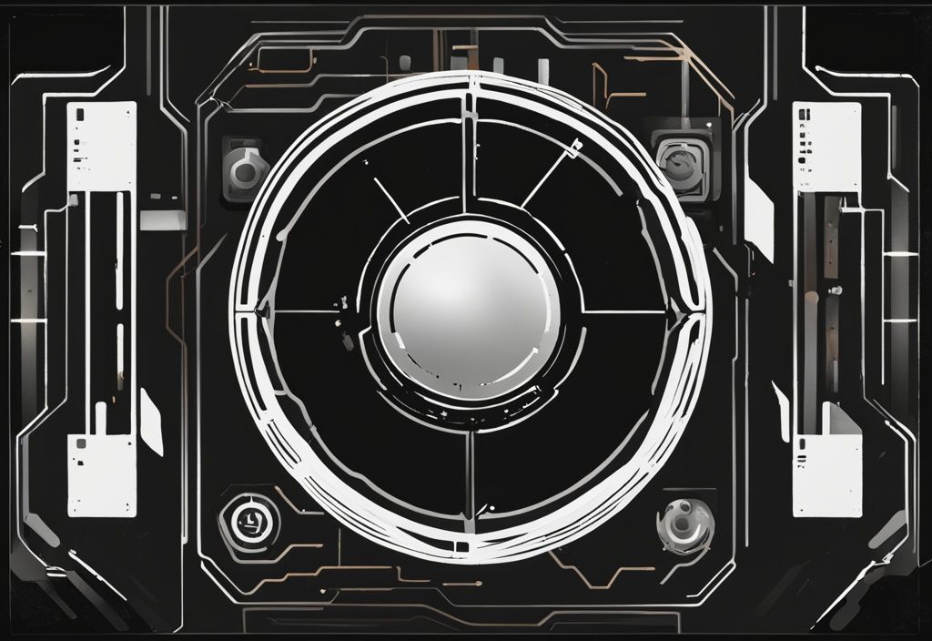 Modernes digitales Gemälde einer Schutzschild-Symbolik über einem Computerbetriebssystem, das die Härtung des Betriebssystems symbolisiert, mit schwarzem Farbthema.