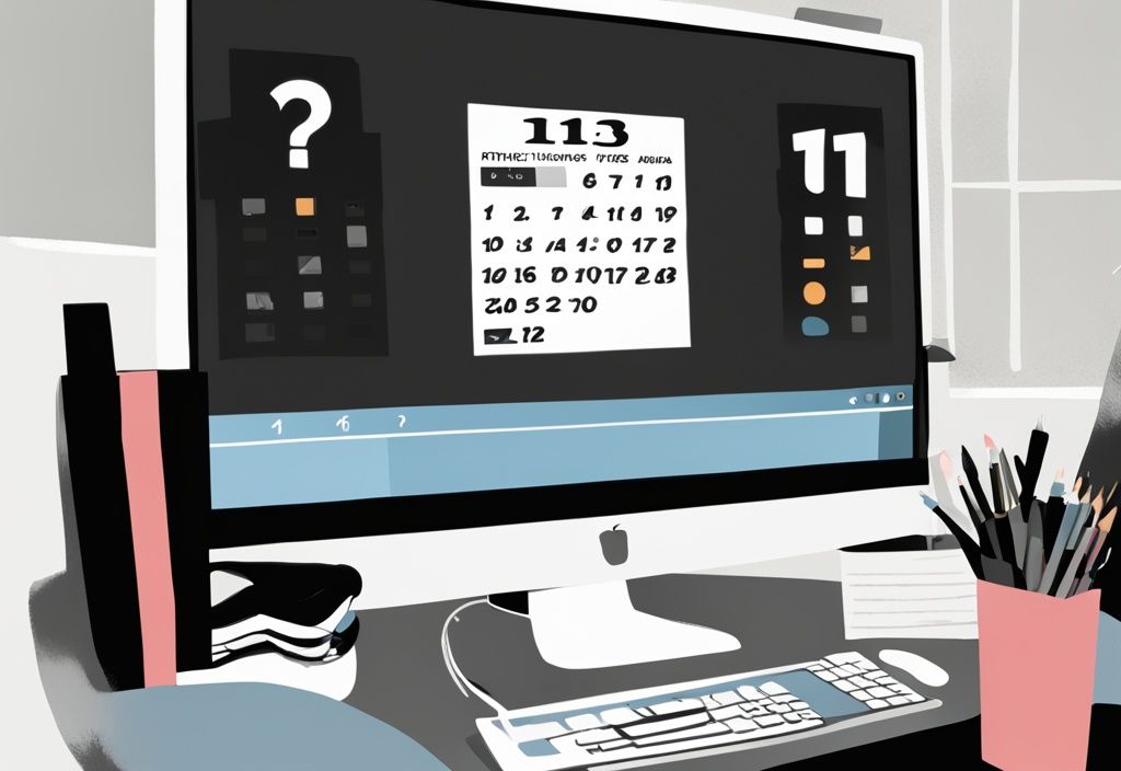 Moderne digitale Malerei mit schwarzem Farbschema: Offener Kalender auf einem Computerbildschirm, schwebendes Fragezeichen über einem zukünftigen Datum, Windows 13 Logo in der Ecke.