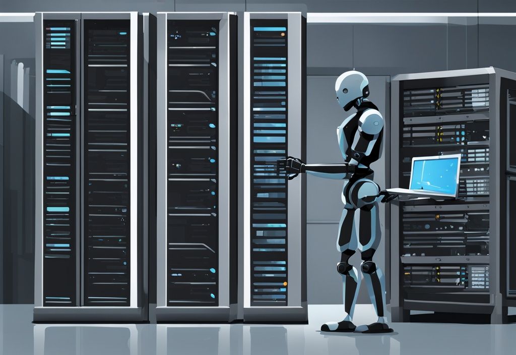 Moderne digitale Malerei mit einem schwarzen Farbschema, zeigt einen Roboterarm, der effizient Server-Racks in einem Rechenzentrum anordnet, symbolisiert automatisierte Serverbereitstellung.