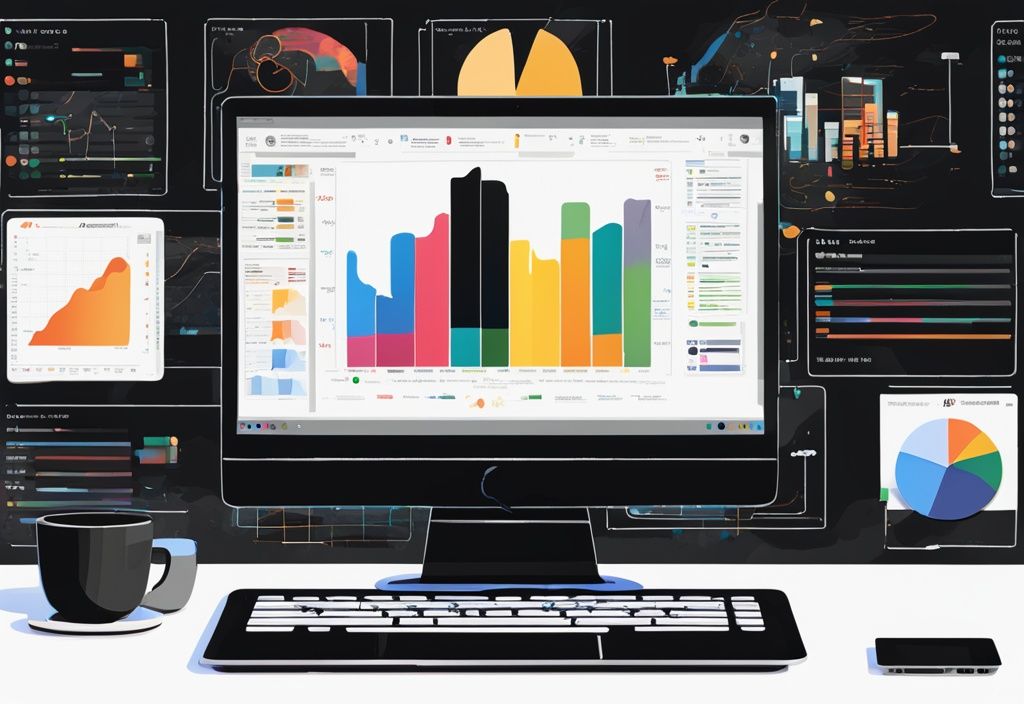 Moderne digitale Malerei mit schwarzem Farbschema, Laptopbildschirm zeigt QuickFile Software-Oberfläche mit bunten Diagrammen und Grafiken zur Datenorganisation und -verwaltung.