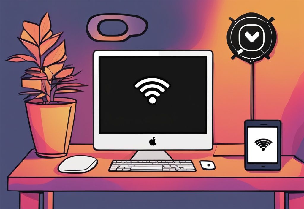 iPhone als Hotspot für PC: Moderne digitale Illustration mit schwarzem Farbschema, zeigt ein iPhone mit geöffneten Hotspot-Einstellungen und einen PC im Hintergrund mit verbundenem WLAN-Symbol.