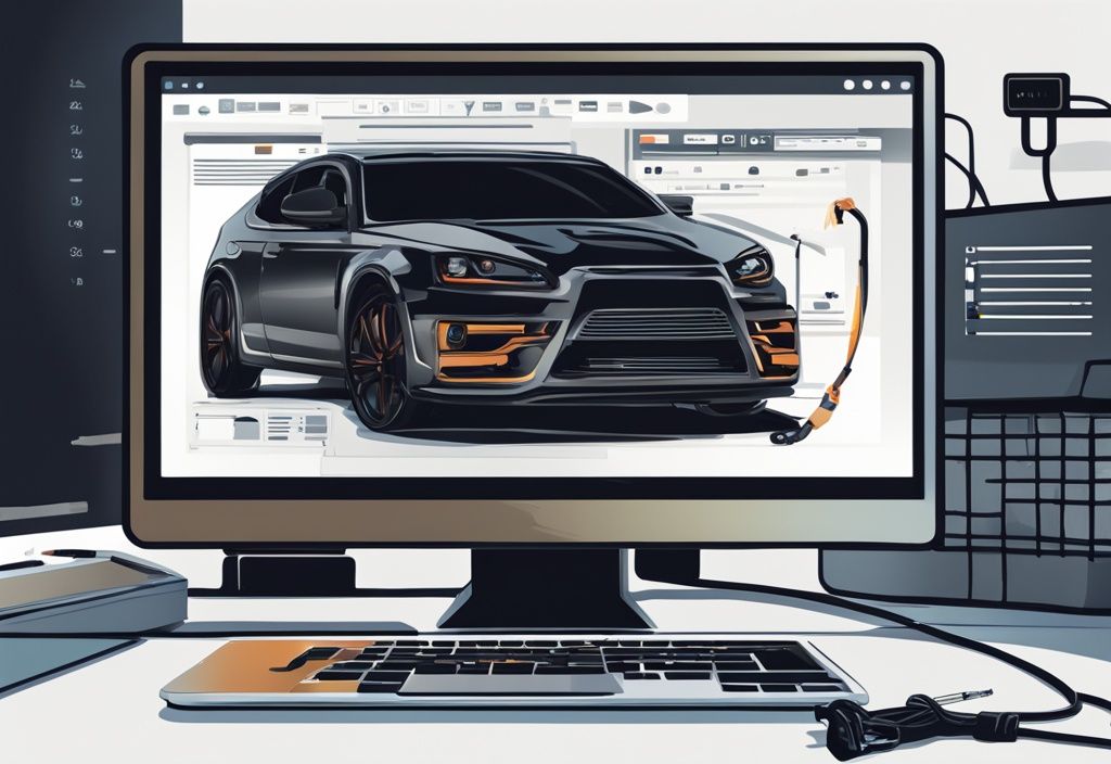 Mechaniker verwendet beste Kfz Diagnose Software für Laptop neben einem Auto-Motor, modernes digitales Gemälde in Schwarz.