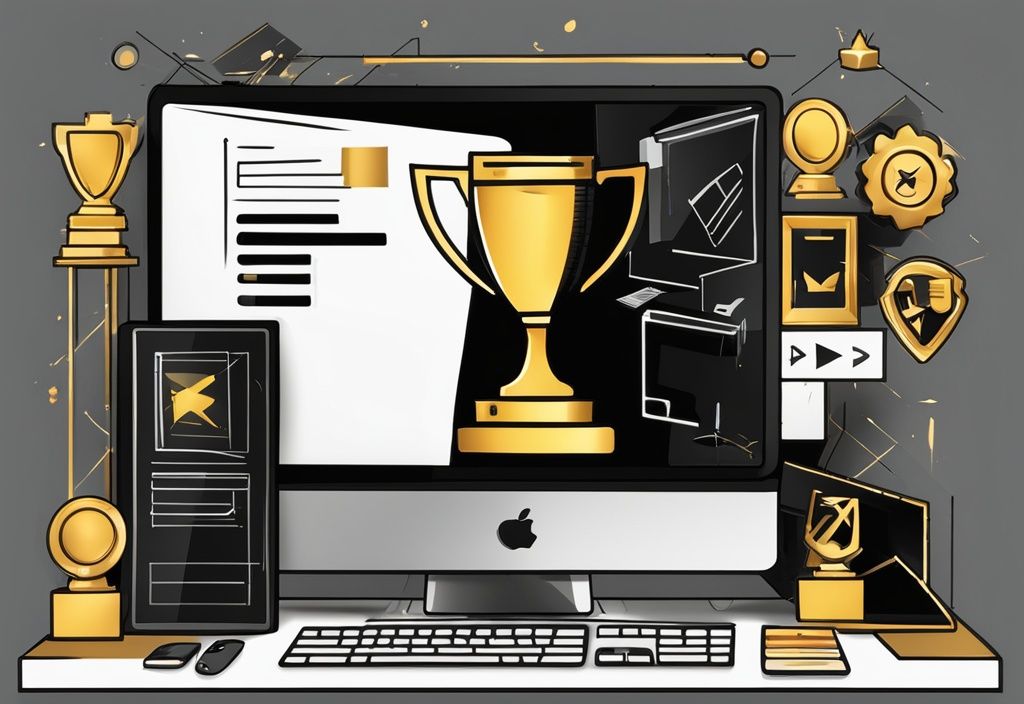 Moderne digitale Malerei mit CAD-Software-Icons auf einem Bildschirm und einer goldenen Trophäe als Symbol für die beste Wahl.