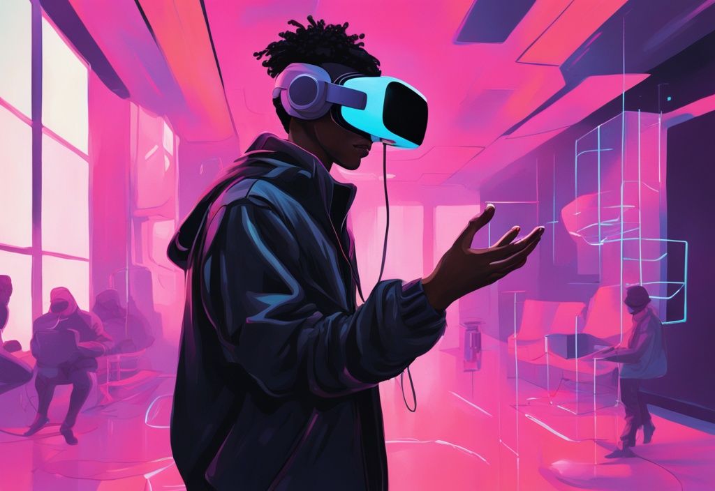 Moderner digitaler Gemälde-Illustration: Person mit Virtual-Reality-Headset erkundet futuristische digitale Welt des Metaversums, Hauptfarbthema schwarz.