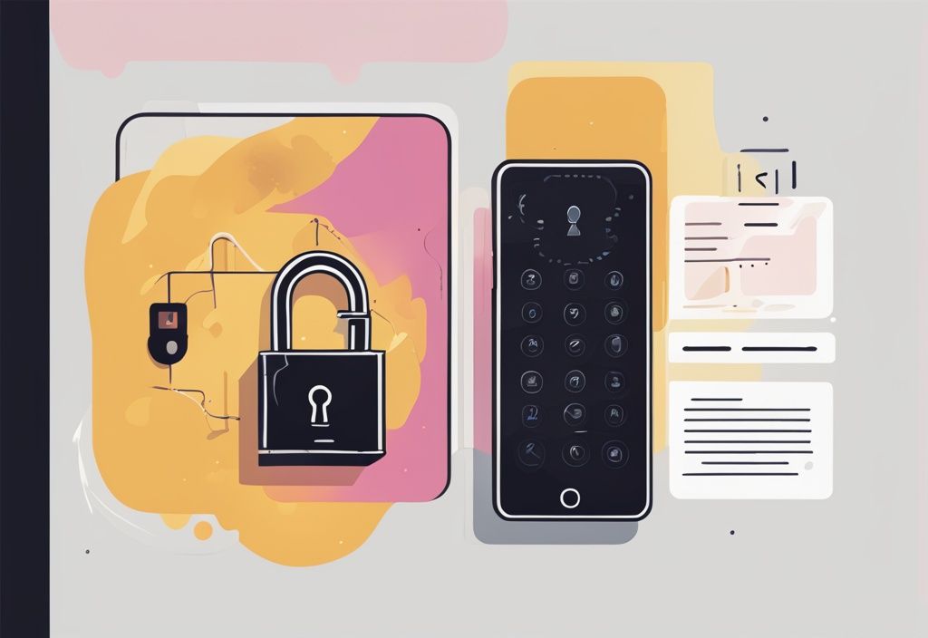 Moderne digitale Malerei mit schwarzem Farbschema, zeigt einen Sperrbildschirm mit Passwortfeld, einem Schlüsselsymbol und einer Sprechblase, die das Konzept eines Passkeys erklärt.