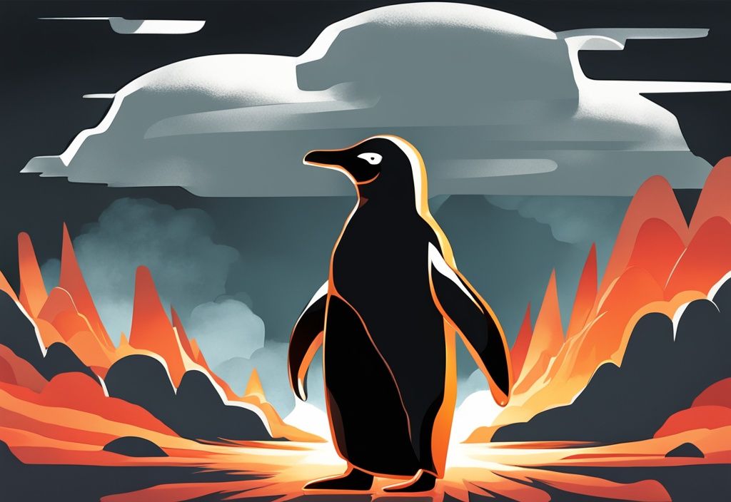 Illustration eines modernen digitalen Gemäldes: Ein Pinguin, der Linux symbolisiert, bewacht eine große, leuchtende Linux-Firewall und blockiert unerwünschte Daten, dargestellt durch dunkle, bedrohliche Wolken.