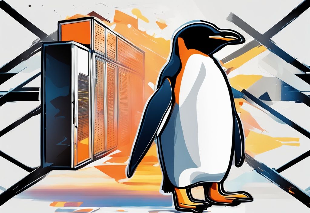 Pinguin als Linux-Symbol mit Schild als Firewall vor digitalem Datenhintergrund in moderner digitaler Malerei mit schwarzem Farbschema.