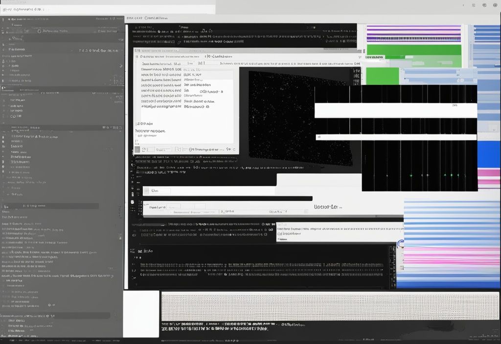 Moderne digitale Malerei mit schwarzem Farbthema: Computermonitor mit Powershell-Oberfläche und Codezeilen, daneben ein kleines Fenster mit Fortschrittsbalken eines Windows-Updates.