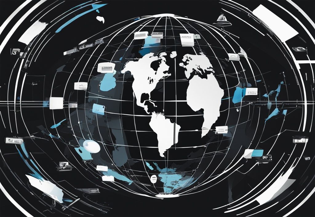 Digitale Illustration eines modernen, schwarzen Globus, umgeben von verschiedenen beschrifteten Domains, die die Vernetzung des Internets symbolisieren.