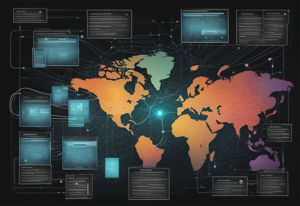 Moderne digitale Malerei mit schwarzem Farbthema, zeigt ein komplexes Netzwerkdiagramm mit DMZ-Netzwerkaufbau, Firewalls, Internet, internem Netzwerk und Server.