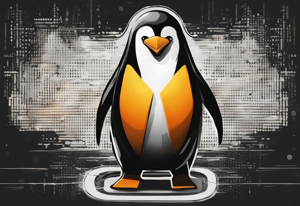 Moderner digitaler Malerei-Illustration: Ein selbstbewusster Pinguin (Symbol für Linux) mit einem Schild (Symbol für Firewall) vor einem Hintergrund digitaler Daten in Schwarz.