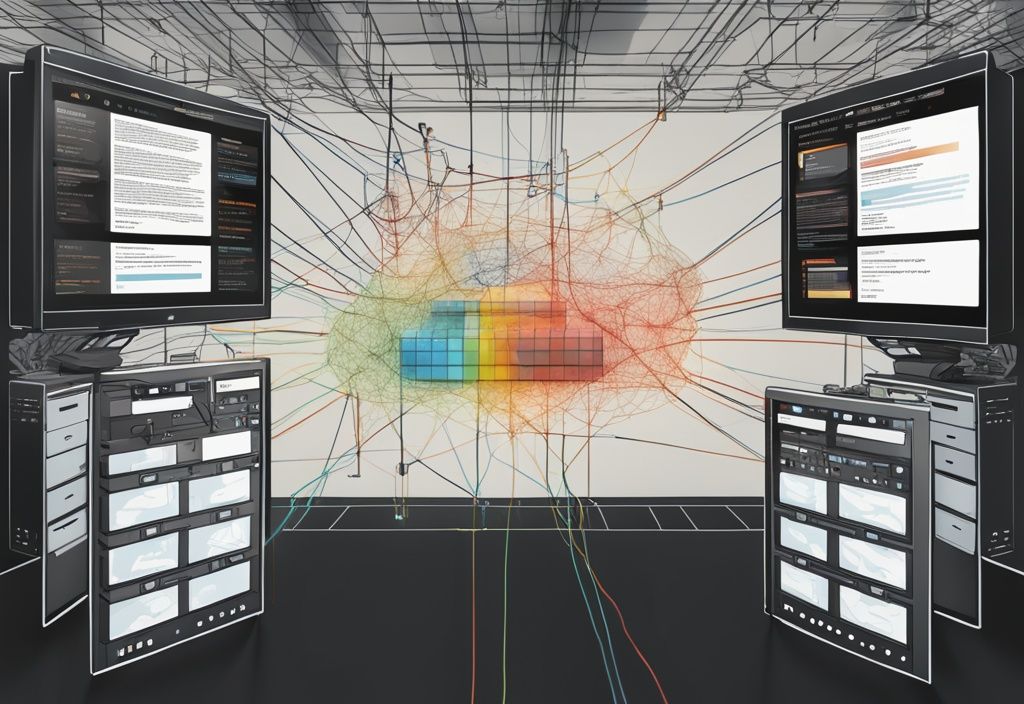 Moderne digitale Malerei mit schwarzem Farbthema, zeigt ein komplexes Netzwerkdiagramm mit DMZ-Netzwerksetup, Firewalls, Internet, internem Netzwerk und Server.