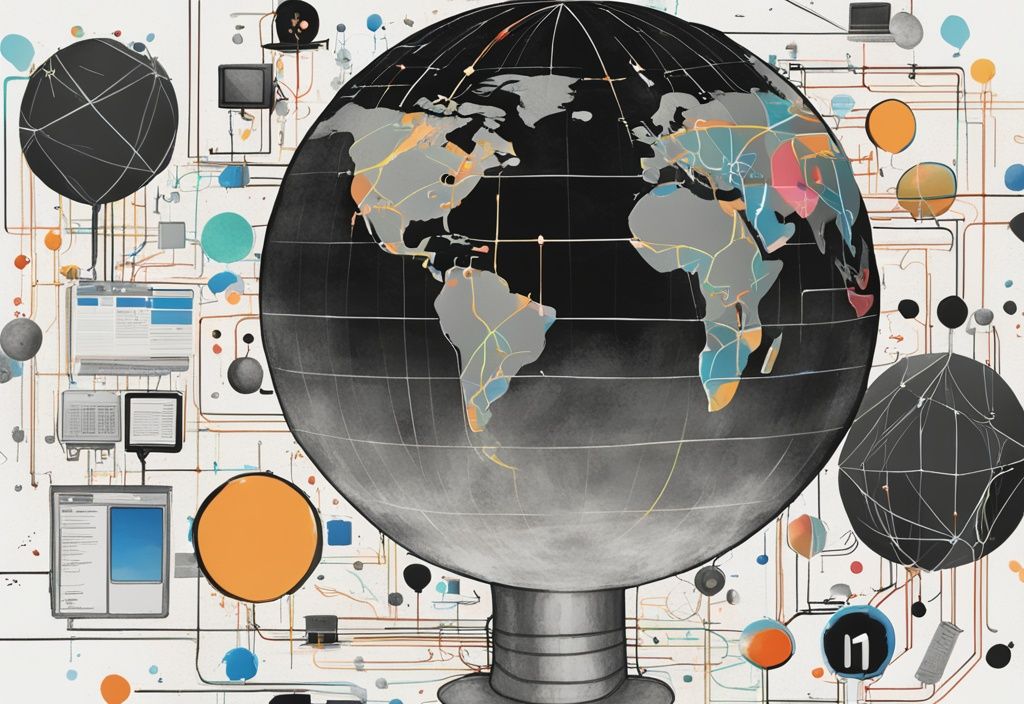 Moderne digitale Malerei mit schwarzem Farbschema; digitaler Globus umgeben von verschiedenen beschrifteten Domains, symbolisiert die Vernetzung des Internets.