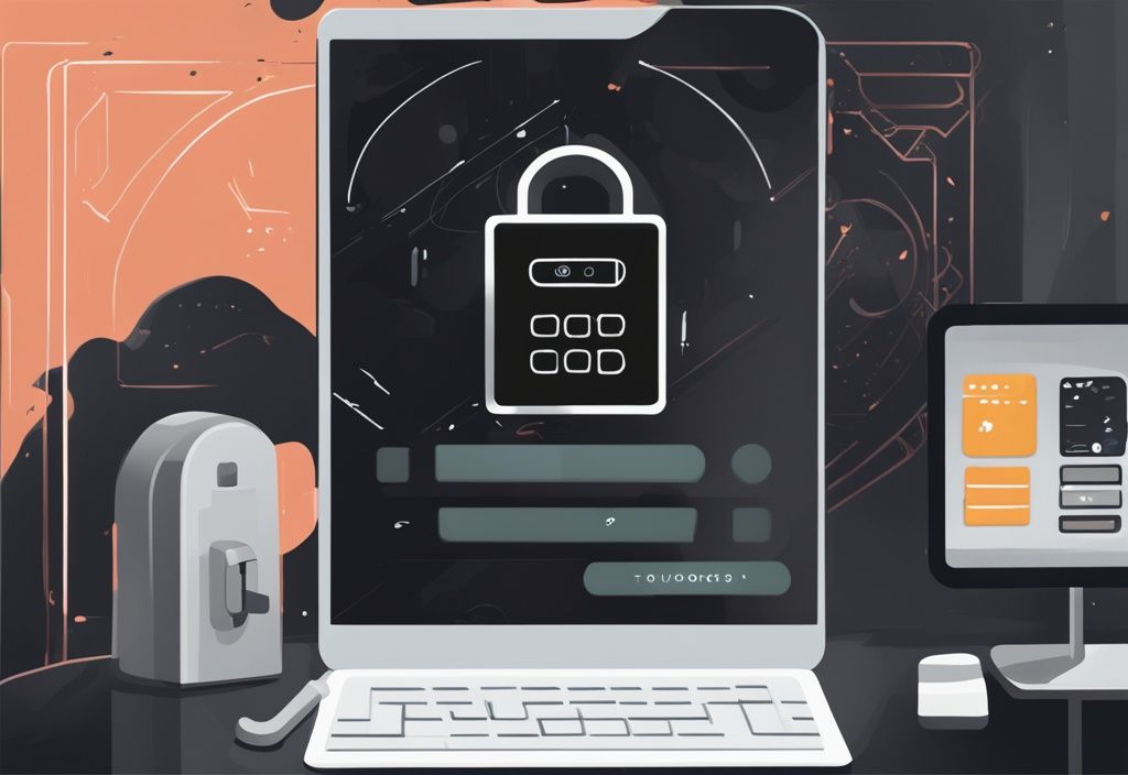 Moderne digitale Malerei mit schwarzem Farbschema, zeigt einen digitalen Sperrbildschirm mit Passwortfeld, Schlüsselsymbol und Tooltip-Blase zur Erklärung des Konzepts eines Passkeys.