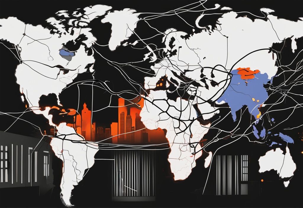 Moderne digitale Malerei einer DMZ-Netzwerkdarstellung mit schwarzem Farbthema, zeigt Firewalls, öffentliches Netzwerk, internes Netzwerk und isolierte DMZ.