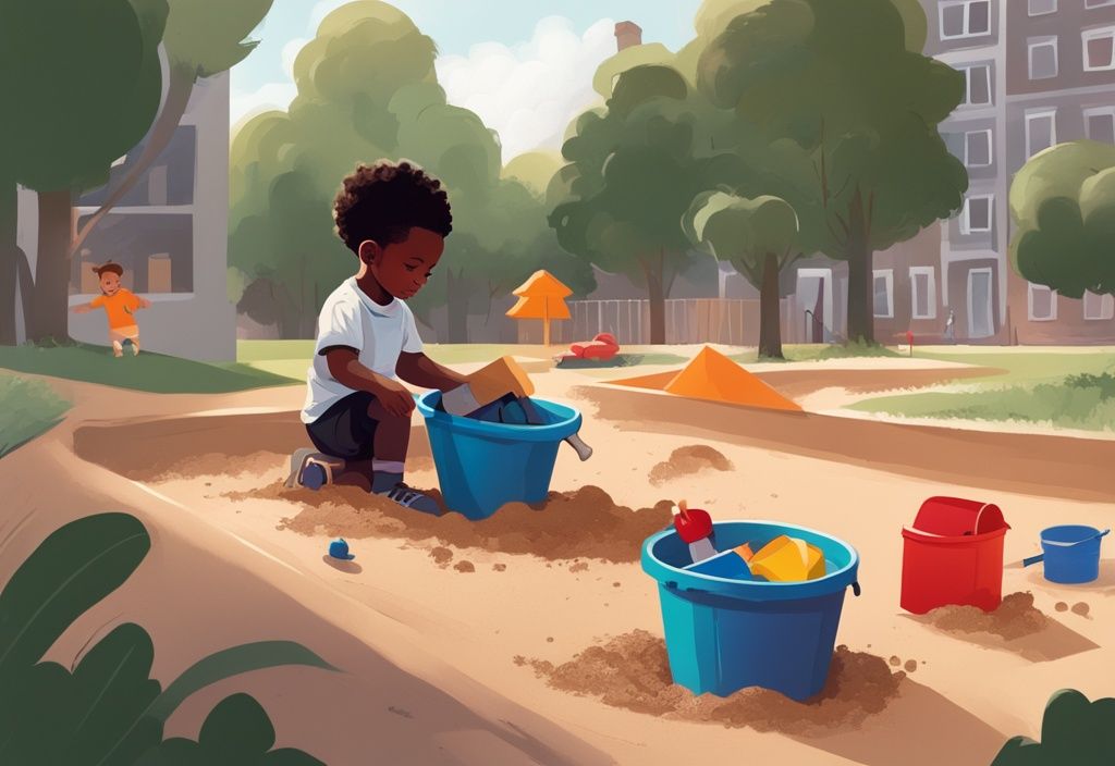 Digitales Gemälde: Kind spielt im Sandkasten mit Schaufel, Eimer und Spielzeugautos in einem Park, Hauptfarbthema Schwarz.