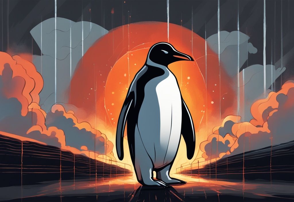 Ein moderner digitaler Gemälde-Illustration mit einem Pinguin, der für Linux steht, bewacht eine leuchtende Firewall und blockiert unerwünschte Daten, dargestellt durch dunkle, bedrohliche Wolken. Linux Firewall.