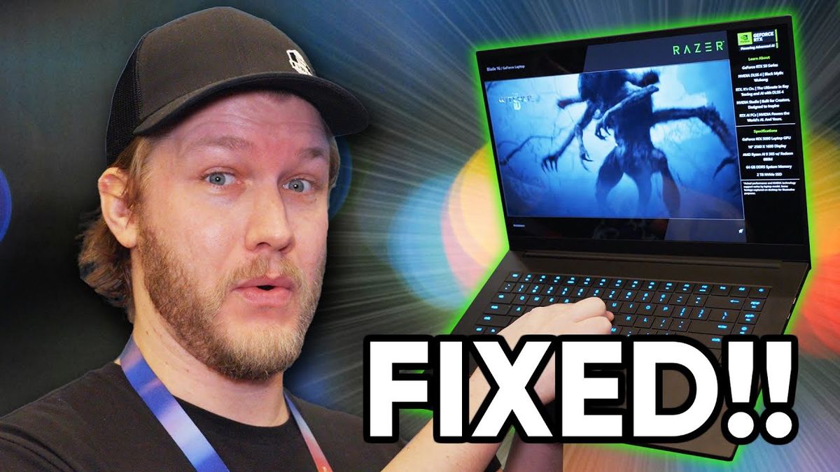 Thumbnail image for the video titled "Razer FINALLY Fixed the Blade - Razer at CES 2025" from the channel ShortCircuit, featuring a sleek and modern Razer Blade laptop with vibrant RGB lighting on a futuristic display stand at CES 2025.