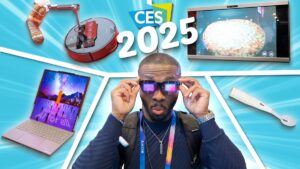 A futuristic cityscape with neon lights and holographic displays, showcasing advanced technology gadgets and innovations featured at CES 2025.