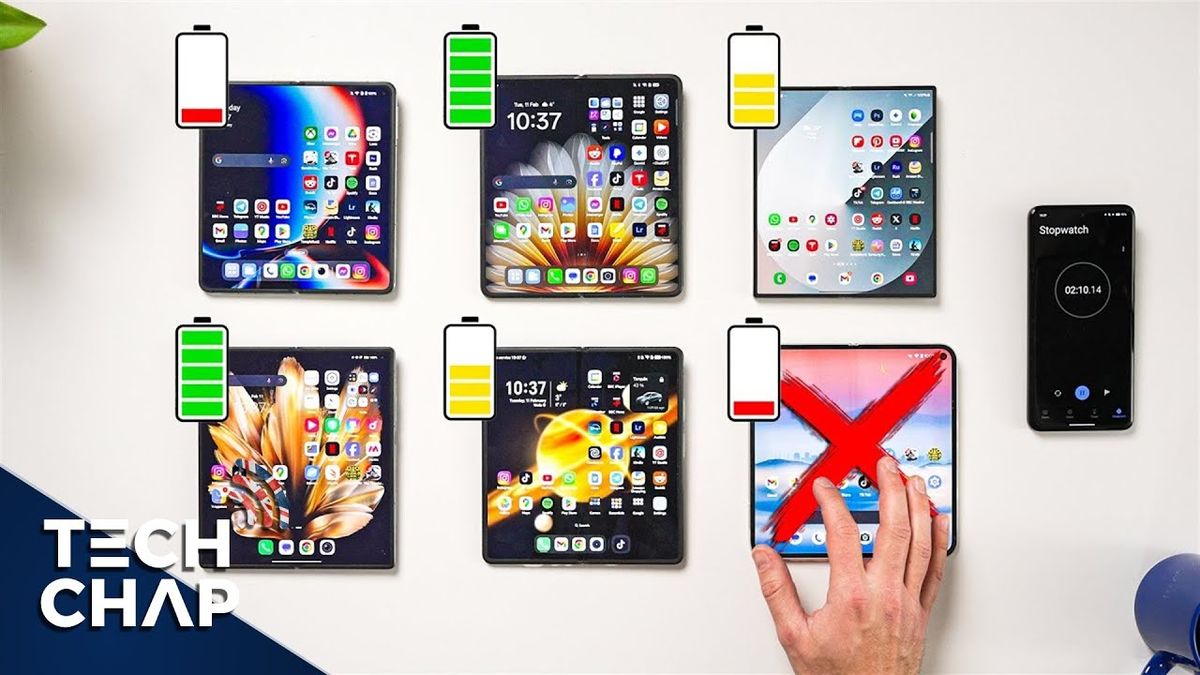 Thumbnail image for the video "OPPO Find N5 vs Galaxy Z Fold 6 vs... Everything Else! [FOLDABLE BATTERY DRAIN 2025]" from The Tech Chap channel, featuring a side-by-side comparison of the OPPO Find N5 and Galaxy Z Fold 6 foldable smartphones, with battery icons and a background highlighting the theme of battery drain testing in 2025.