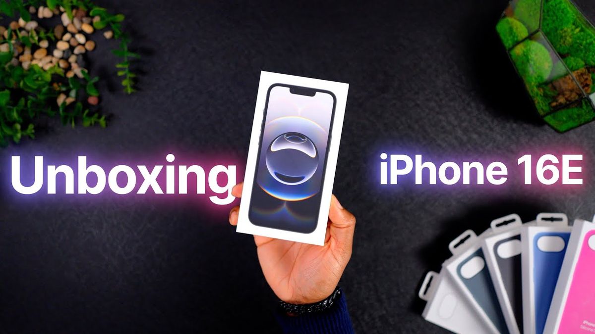 Thumbnail image showing a person holding the new iPhone 16E in its box, with excitement and anticipation on their face. The background features tech gadgets and accessories, emphasizing the unboxing theme.