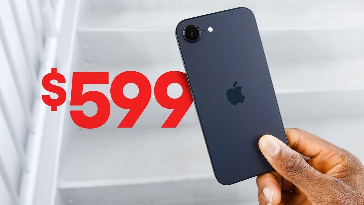 Thumbnail image for the video "iPhone 16e Review: Who Are You?" by Marques Brownlee, showing Marques holding the iPhone 16e with a curious expression, set against a sleek tech-themed background.